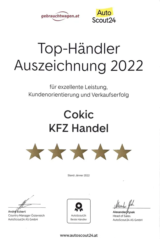 AutoScout24 Top-Händler Auszeichnung 2022 für Cokic KFZ Handel